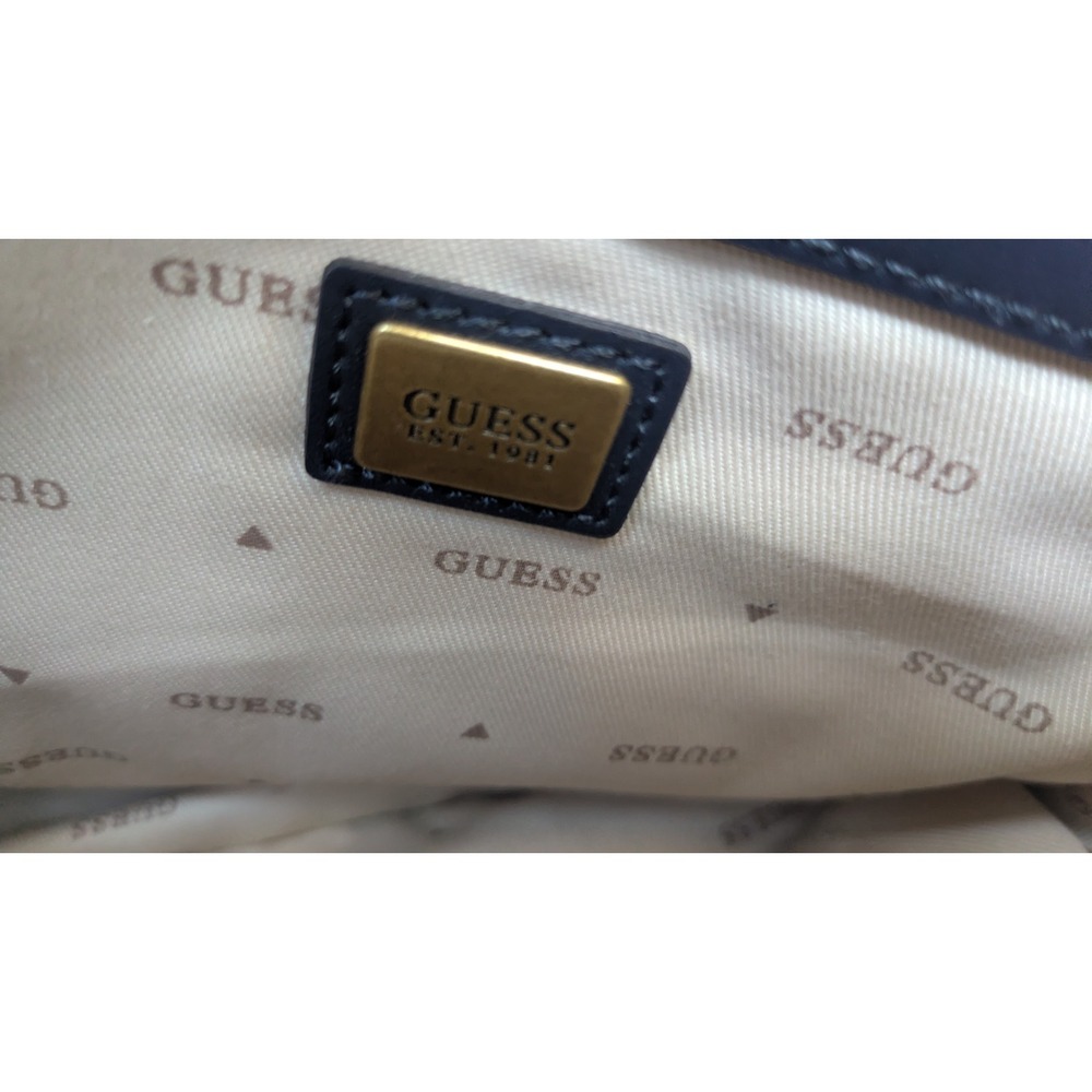 GUESS Blue Logo Jacquard Tote Bag Navy Trim Gold Hardware Handbag - Picture 8 of 8